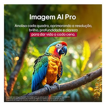 LG AI Magic Remote com o botão AI em destaque. Ao redor dele estão as diferentes funcionalidades que um usuário pode acessar a partir do botão. AI Voice ID, AI Search, AI Chatbot, AI Concierge, AI Picture Wizard e AI Sound Wizard. O texto explica que o LG AI Magic Remote completa sua experiência de IA com um botão AI dedicado e pode ser usado como um air mouse. Basta apontar e clicar.