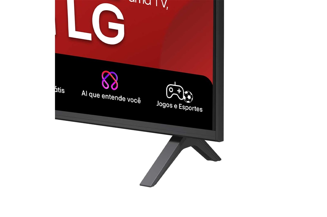 Vista frontal e lateral da Smart TV 4K LG UHD AI UA85, mostrando suas dimensões de comprimento, largura, altura e profundidade.
