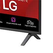 Vista frontal e lateral da Smart TV 4K LG UHD AI UA85, mostrando suas dimensões de comprimento, largura, altura e profundidade.
