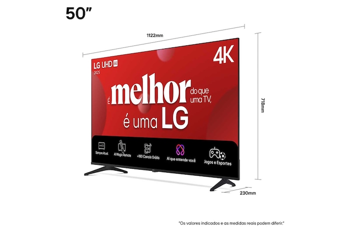 Vista frontal e lateral da Smart TV 4K LG UHD AI UA85, mostrando suas dimensões de comprimento, largura, altura e profundidade.