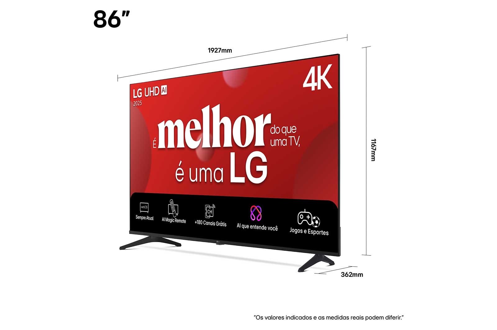 Vista frontal e lateral da Smart TV 4K LG UHD AI UA75, mostrando suas dimensões de comprimento, largura, altura e profundidade.