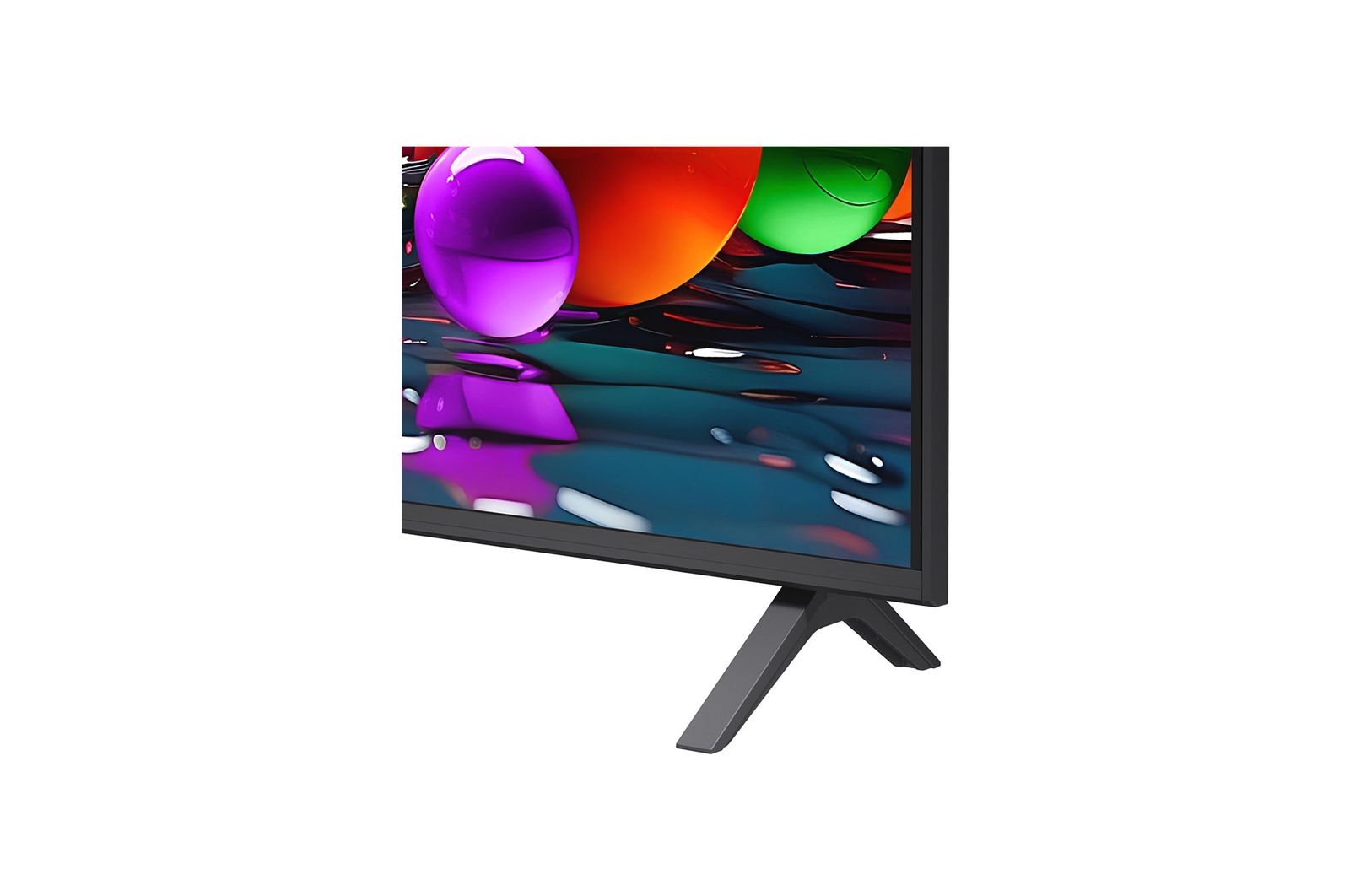Vista frontal e lateral da Smart TV 4K LG UHD AI UA85, mostrando suas dimensões de comprimento, largura, altura e profundidade.