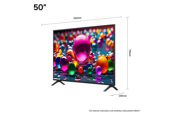 Vista frontal e lateral da Smart TV 4K LG UHD AI UA85, mostrando suas dimensões de comprimento, largura, altura e profundidade.
