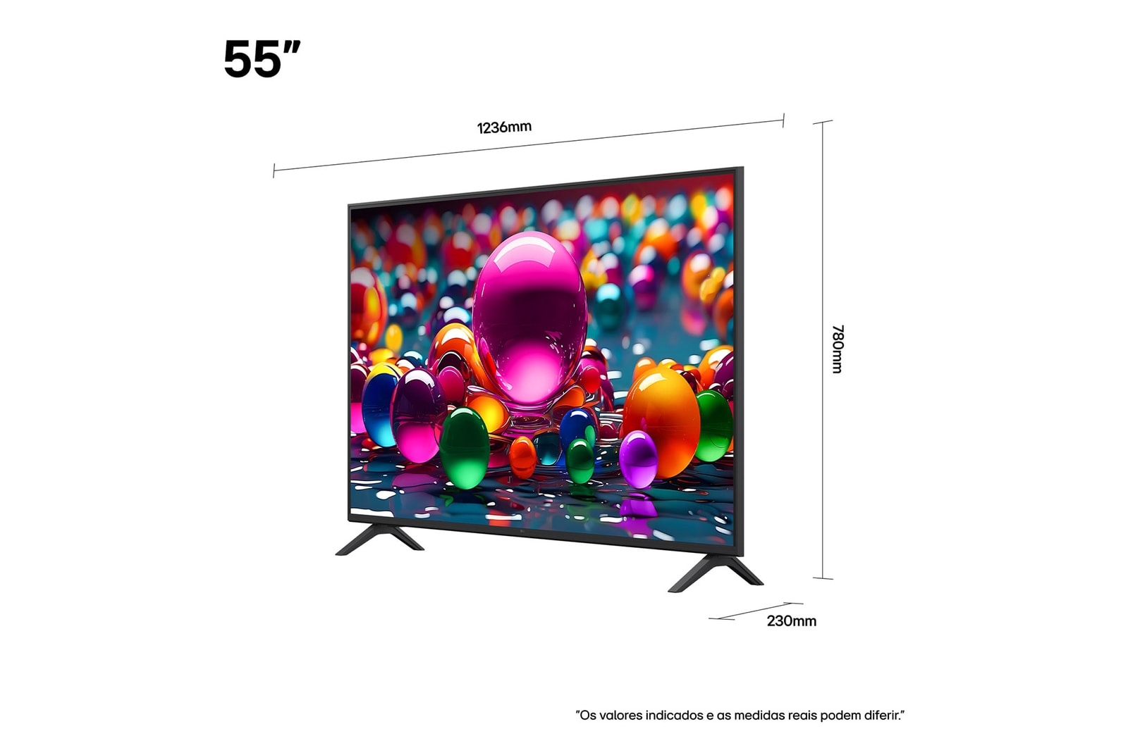 Vista frontal e lateral da Smart TV 4K LG UHD AI UA85, mostrando suas dimensões de comprimento, largura, altura e profundidade.