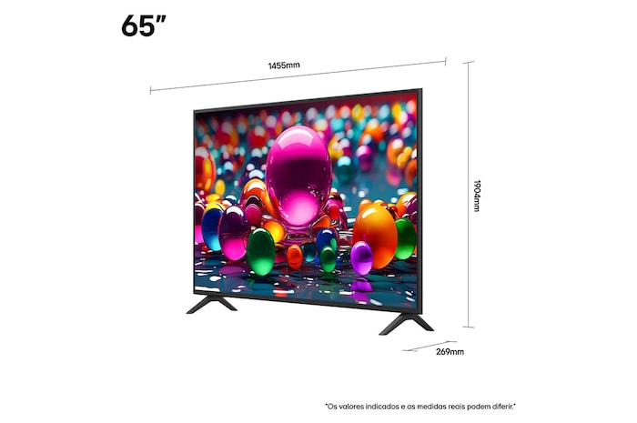 Vista frontal e lateral da Smart TV 4K LG UHD AI UA85, mostrando suas dimensões de comprimento, largura, altura e profundidade.