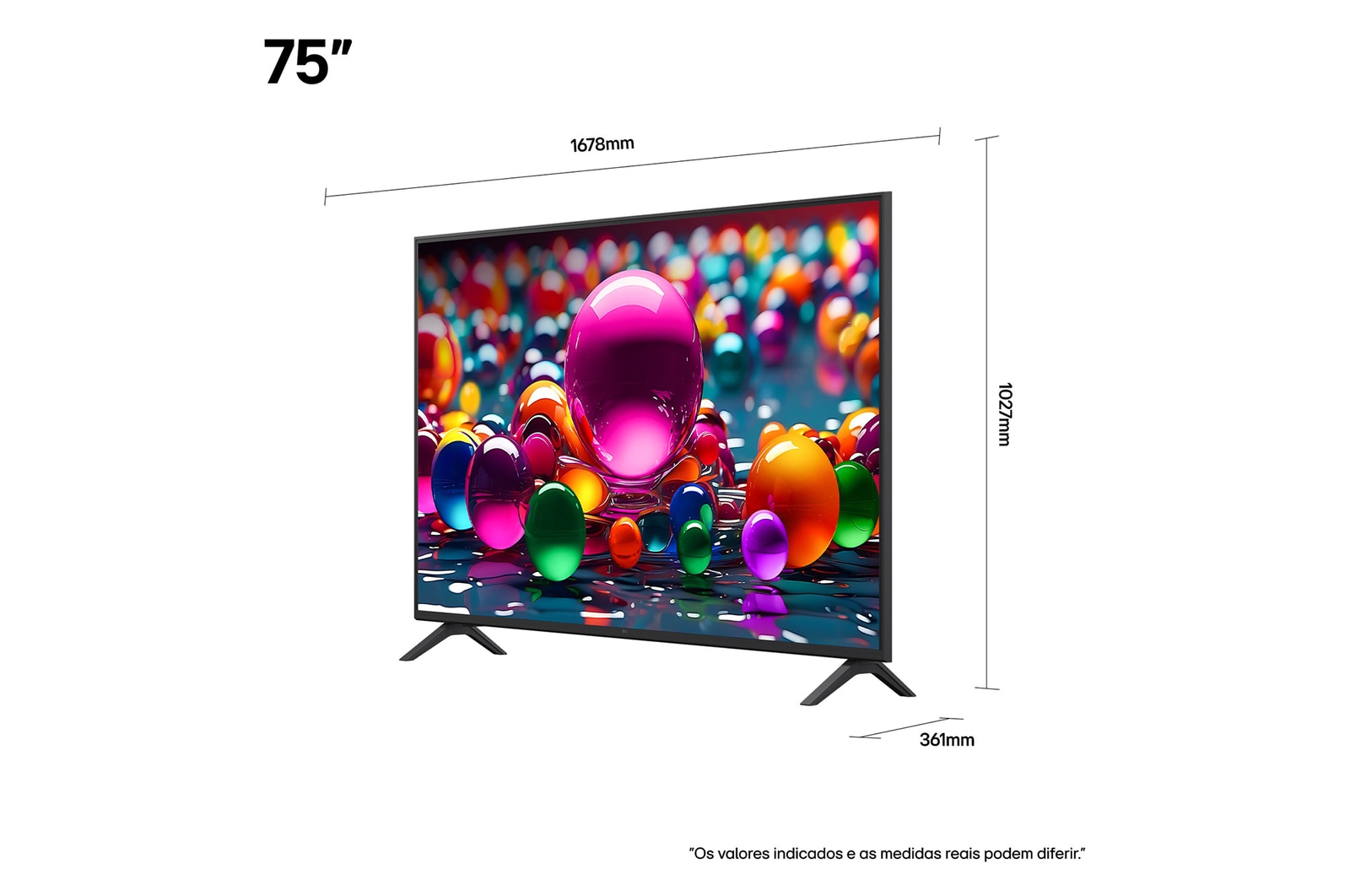 Vista frontal e lateral da Smart TV 4K LG UHD AI UA85, mostrando suas dimensões de comprimento, largura, altura e profundidade.