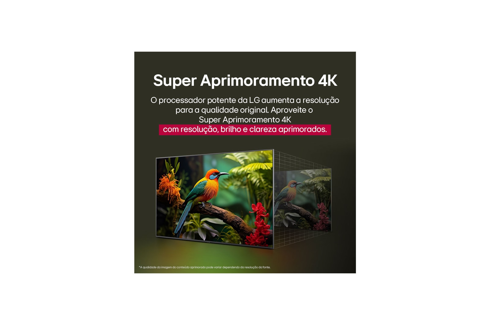 Comparação antes e depois de como o LG 4K Super Upscaling melhora a qualidade da imagem. Dois painéis mostrando a mesma imagem de um pássaro colorido pousado em um galho em uma floresta; o painel da direita está desbotado. O título fala sobre como o 4K Super Upscaling melhora a resolução, o brilho e a nitidez. 