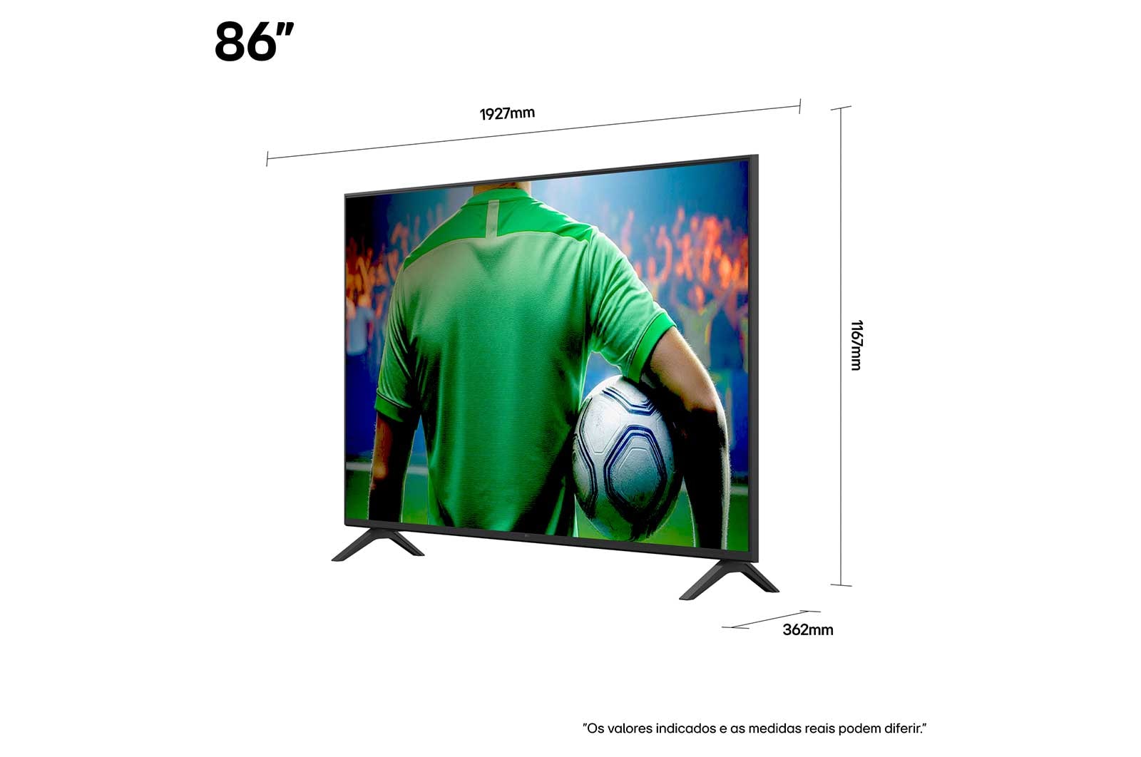 Vista frontal e lateral da Smart TV 4K LG UHD AI UA75, mostrando suas dimensões de comprimento, largura, altura e profundidade.