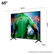 Vista frontal e lateral da Smart TV 4K LG UHD AI UA85, mostrando suas dimensões de comprimento, largura, altura e profundidade.