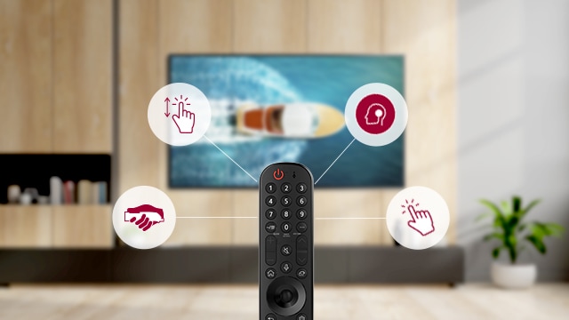 Funções essenciais do Magic Remote mostradas em um pictograma.