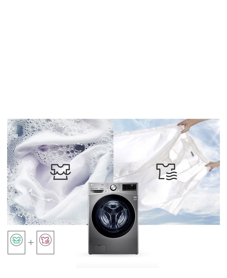 A primeira imagem ao fundo mostra uma camisa branca com espuma no ciclo de lavagem, e a segunda mostra a camisa branca no ciclo de secagem. Em primeiro plano, está TopGun2.