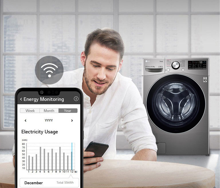 Três ícones na parte superior indicam que há três imagens em um carrossel. O primeiro ícone, designado “Monitoramento”, é vermelho. Ao fundo, um homem olha para o celular. A lavadora está em segundo plano. Em primeiro plano, está a tela de um telefone com o aplicativo ThinQ e um ícone de WiFi acima.