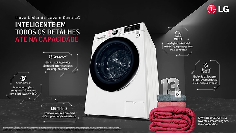  Lavadora e secadora LG branca de 13kg com IA, ao lado de toalhas dobradas. Destaques: Steam+, TurboWash e LG ThinQ.