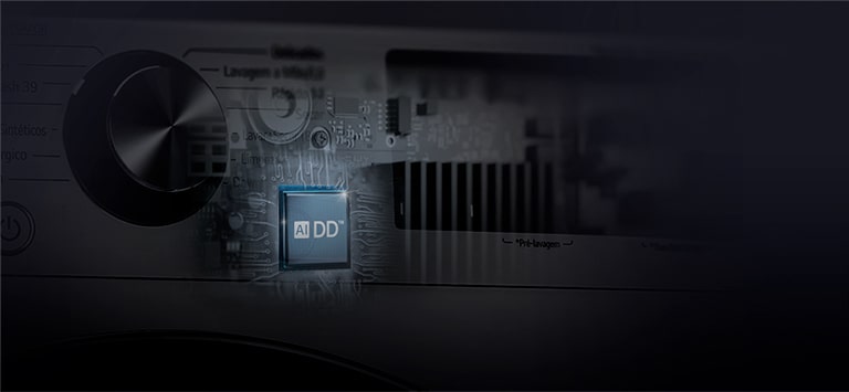 Painel da lavadora LG com chip AI DD centralizado e iluminado em azul, destacando a tecnologia de inteligência artificial.