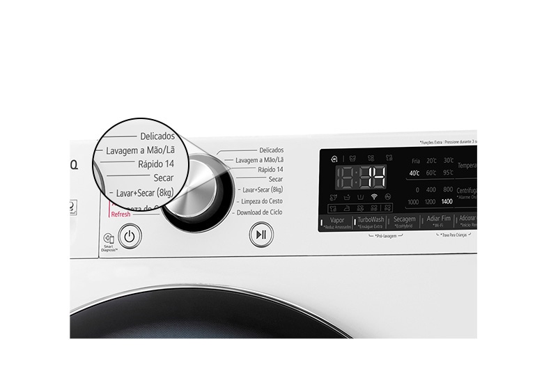  Painel de controle de lavadora LG com mostrador digital à direita e botão de seleção de programas ao centro.