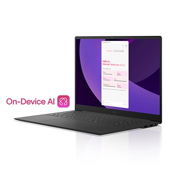 Notebook LG gram AI exibindo a interface do gram chat On-Device, um assistente inteligente que prioriza a privacidade e roda localmente no modelo EXAONE da LG para busca e resumo de arquivos offline com segurança.