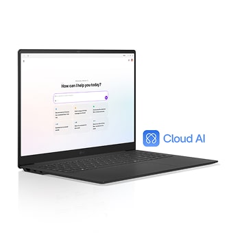 Notebook LG gram AI exibindo a interface do gram chat Cloud, com tecnologia GPT-4o, um assistente inteligente que lida com pesquisas online complexas, síntese de múltiplos documentos e tarefas criativas para aumentar a produtividade.