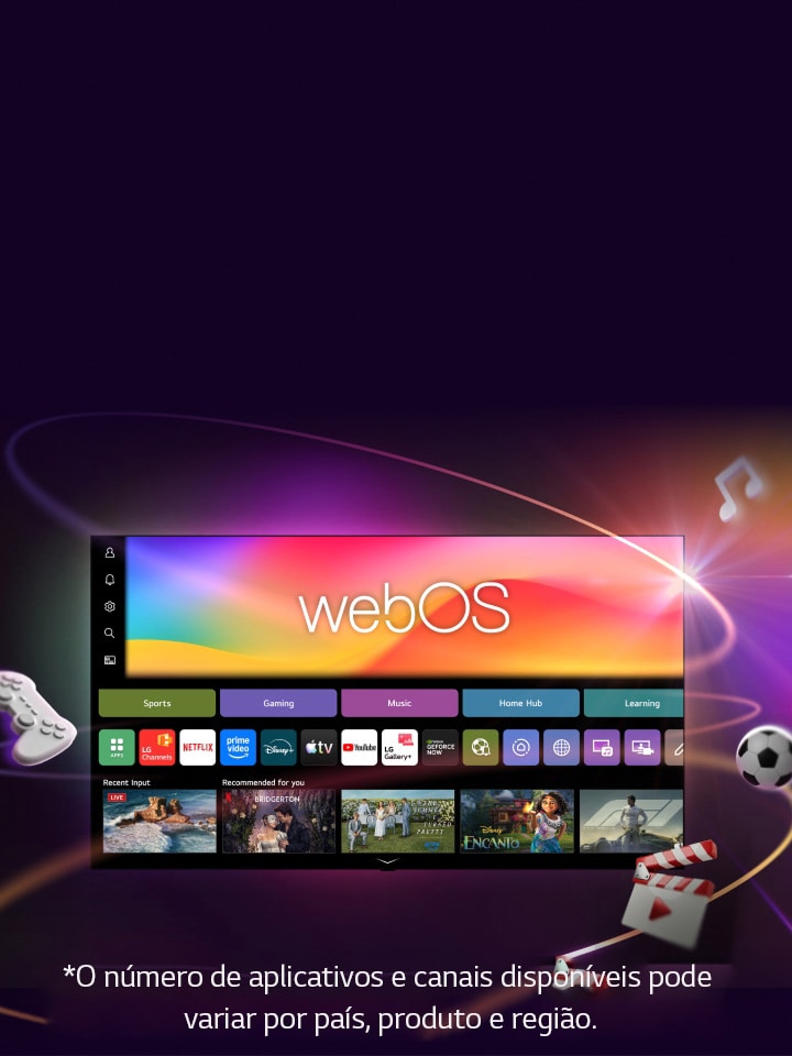 LG Smart TV displaying webOS home screen with entertainment apps and LG Channels UI elements dynamically expanding outward, highlighting 4,000+ global apps and channels.
