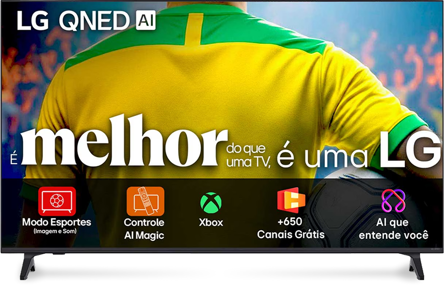 TV LG QNED AI exibindo um jogador de futebol e o texto promocional 'É melhor do que uma TV, é uma LG' com ícones de recursos para Modo Esportes, Controle AI Magic, Xbox, +650 Canais Grátis e AI