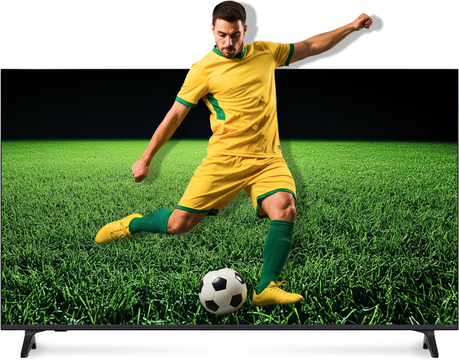 Um jogador de futebol que parece sair da tela vibrante de uma TV LG QNED para chutar a bola