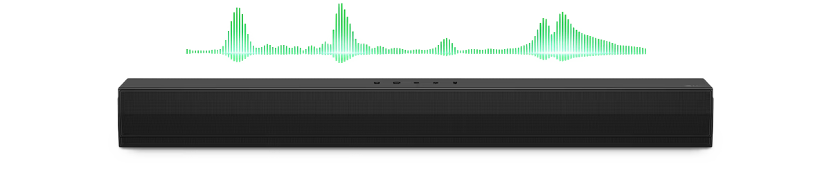 Soundbar LG representa o áudio envolvente do futebol com ondas sonoras dinâmicas e graves profundos
