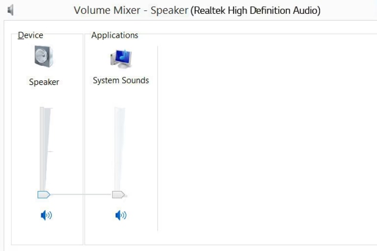 Mixer de Volume mostrando níveis de volume do alto-falante à esquerda e sons do sistema à direita.