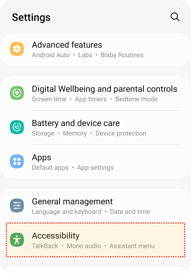 Menu de Configurações com a opção Acessibilidade destacada em amarelo na parte inferior.