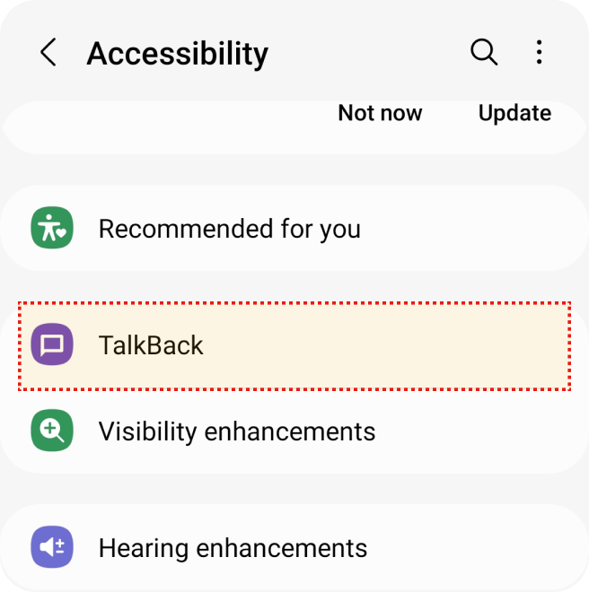Tela de acessibilidade com opções: Recomendado para você, TalkBack (selecionado), Melhorias de visibilidade e auditivas.