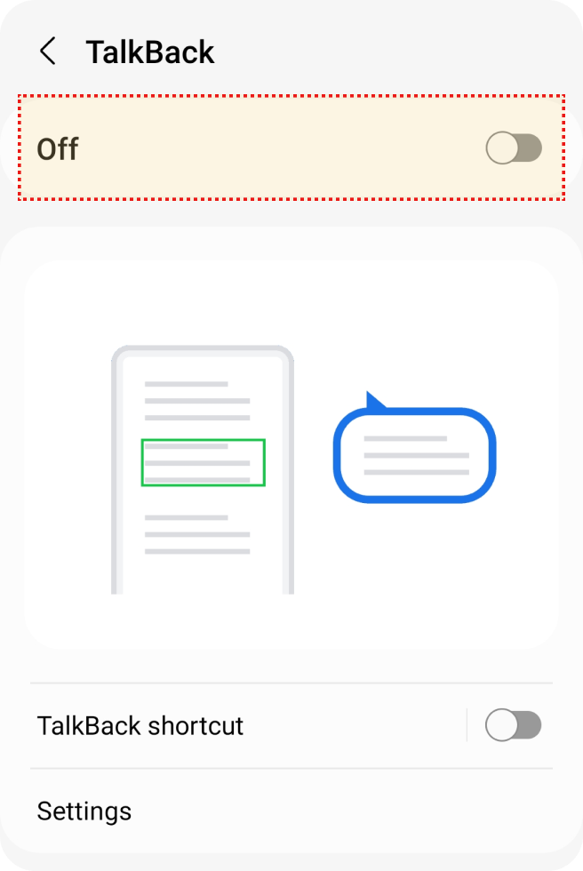 Tela de configuração do TalkBack com a opção de ligar
