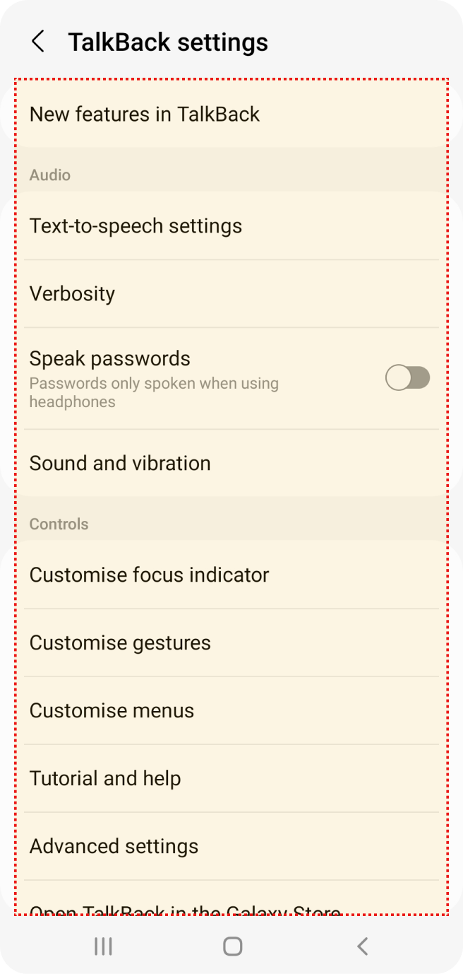 Configurações do TalkBack com opções de áudio, controles de foco, gestos e configurações avançadas na tela do smartphone.