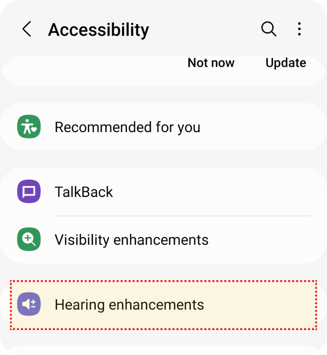 Tela de acessibilidade com Recomendações, TalkBack, Melhorias de Visibilidade, e Melhorias Auditivas destacadas.
