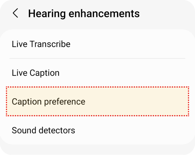 Tela de configurações de melhorias auditivas com Transcrição ao vivo, Legendas ao vivo, Preferência de legendas.