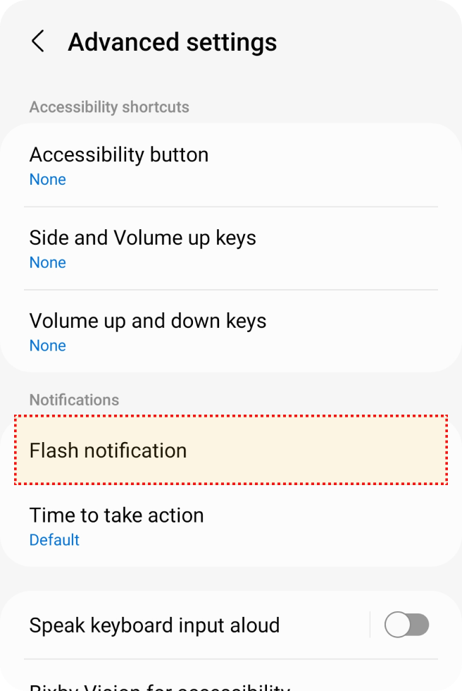 Configurações avançadas destacando a opção de notificação de flash, abaixo de atalhos de acessibilidade.
