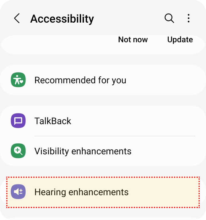 Tela de acessibilidade mostrando opções: Recomendado para você, TalkBack, Melhorias de visibilidade, Melhorias auditivas.