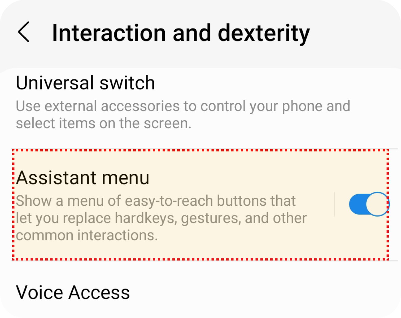 Menu assistente ativado na seção de interação e destreza com alternância azul à direita.