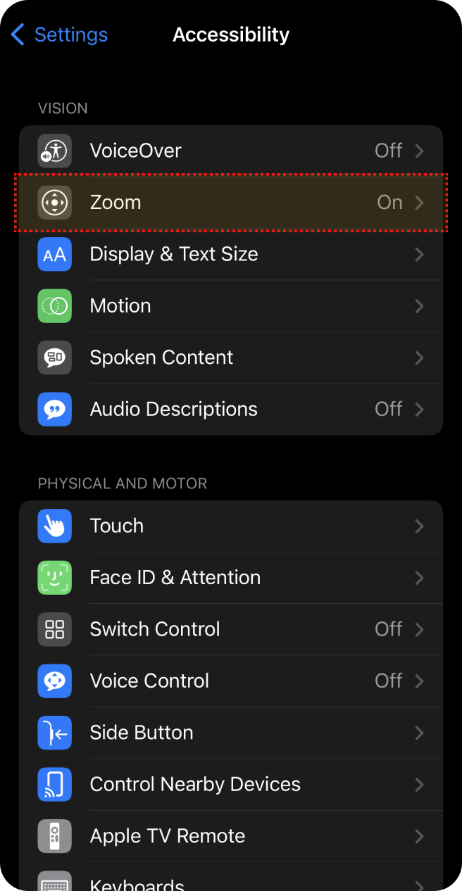 Tela de acessibilidade do iPhone destacando a opção 'Zoom' ativada na seção de visão.