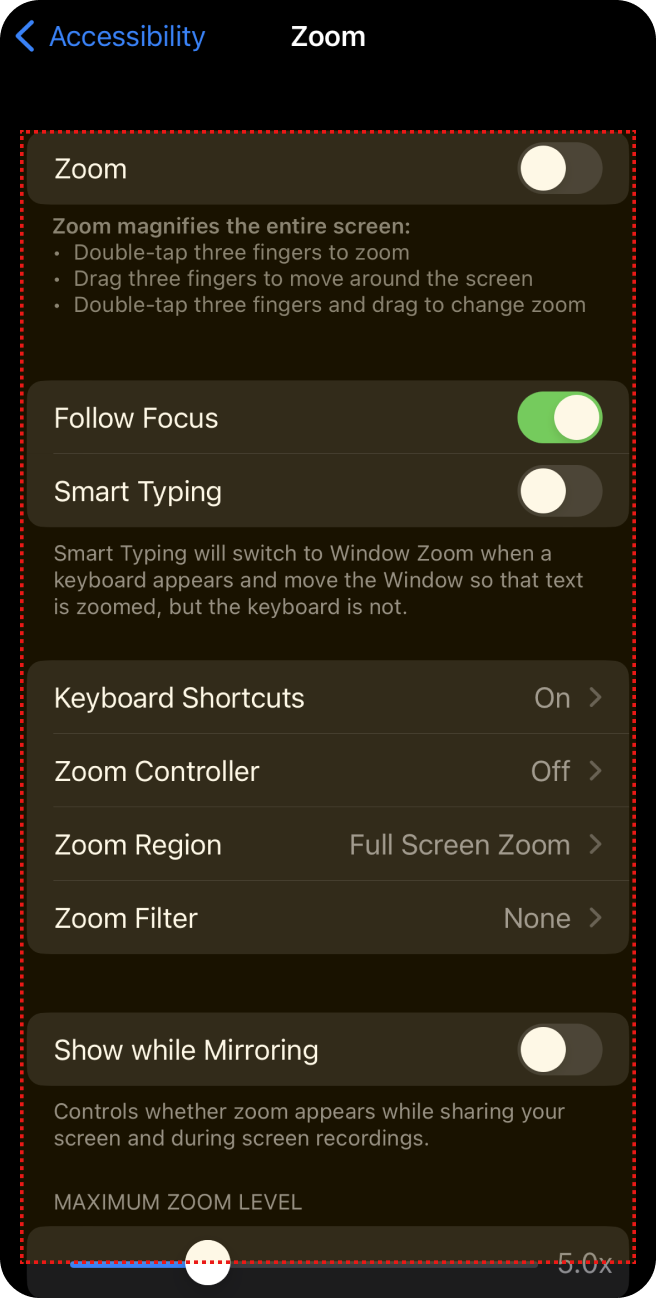 Configurações de Zoom no iPhone com 'Mostrar durante espelhamento' desativado e opções como foco, digitação inteligente.
