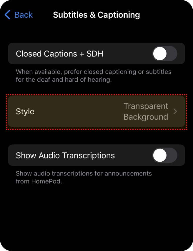 Configurações de legendas no menu de acessibilidade com opções de estilo de fundo transparente e transcrições de áudio.