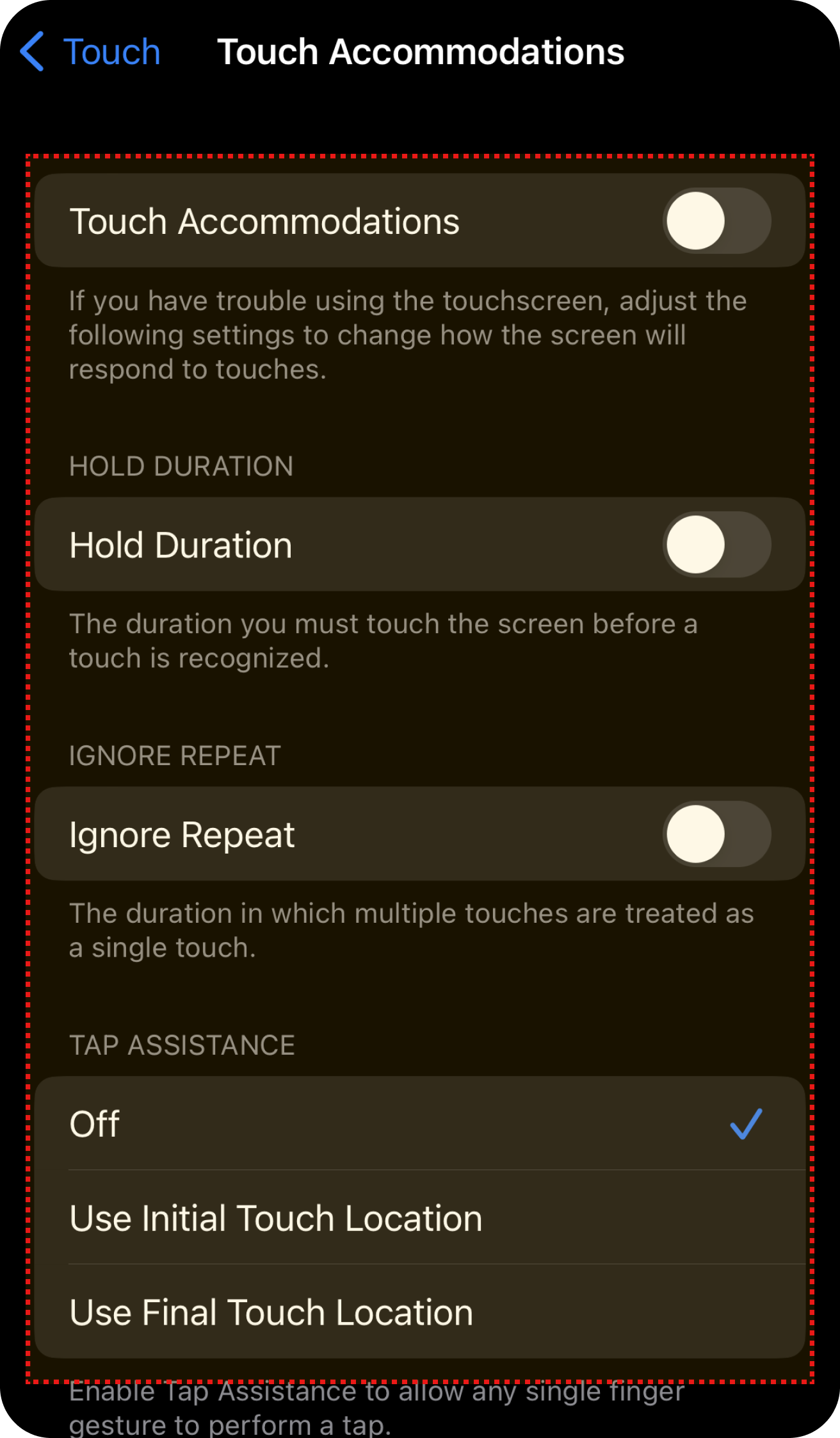 Menu de Acomodações de Toque com opções para ajustar Duração do Toque, Ignorar Repetição e Assistência de Toque.