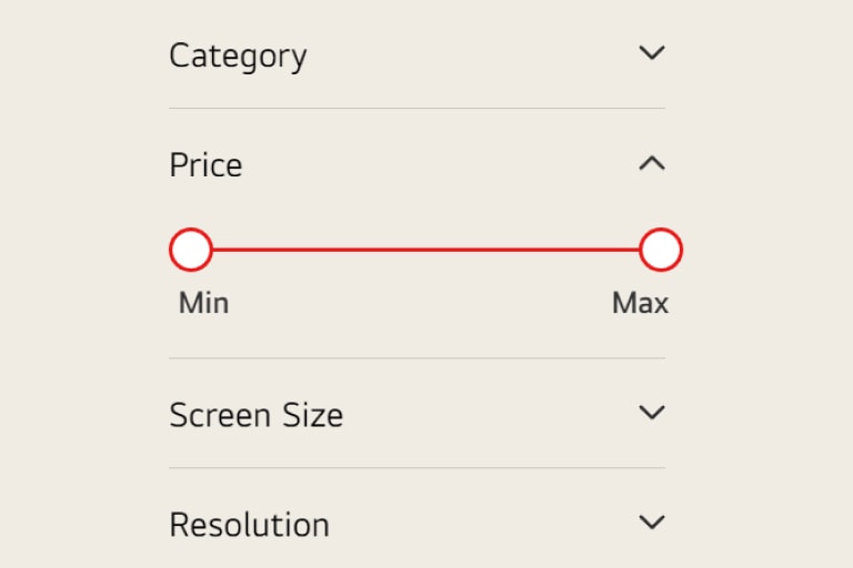 Controle deslizante de preço entre Min e Max, localizado na seção de filtros de uma página de categoria da LG.