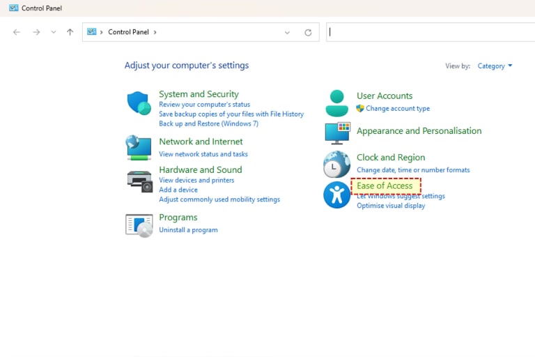 Painel de Controle do Windows com ícones organizados, destacando Facilidade de Acesso à direita em azul.