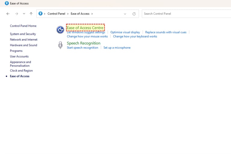 Página do Painel de Controle do Windows com opções de reconhecimento de voz e configurações de acessibilidade.