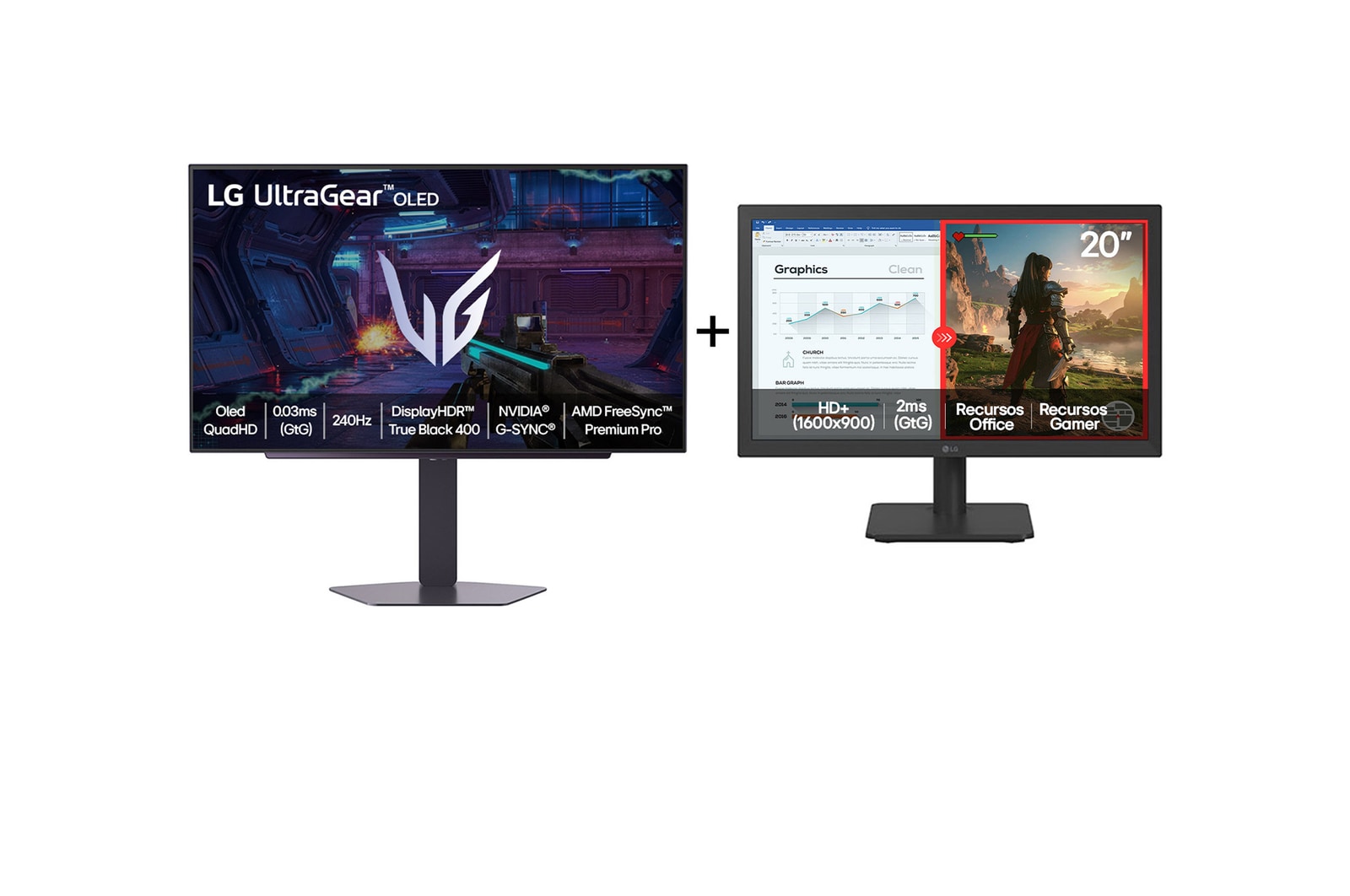 Vista frontal de Combo Monitor LG OLED UltraGear™ 27GX704A-B 27" + Monitor LG LED Home & Office 20U401A-B Tela 20” HD+ 27GX704.20U401