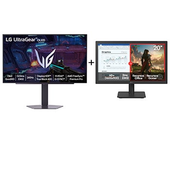 Vista frontal de Combo Monitor LG OLED UltraGear™ 27GX704A-B 27" + Monitor LG LED Home & Office 20U401A-B Tela 20” HD+ 27GX704.20U401