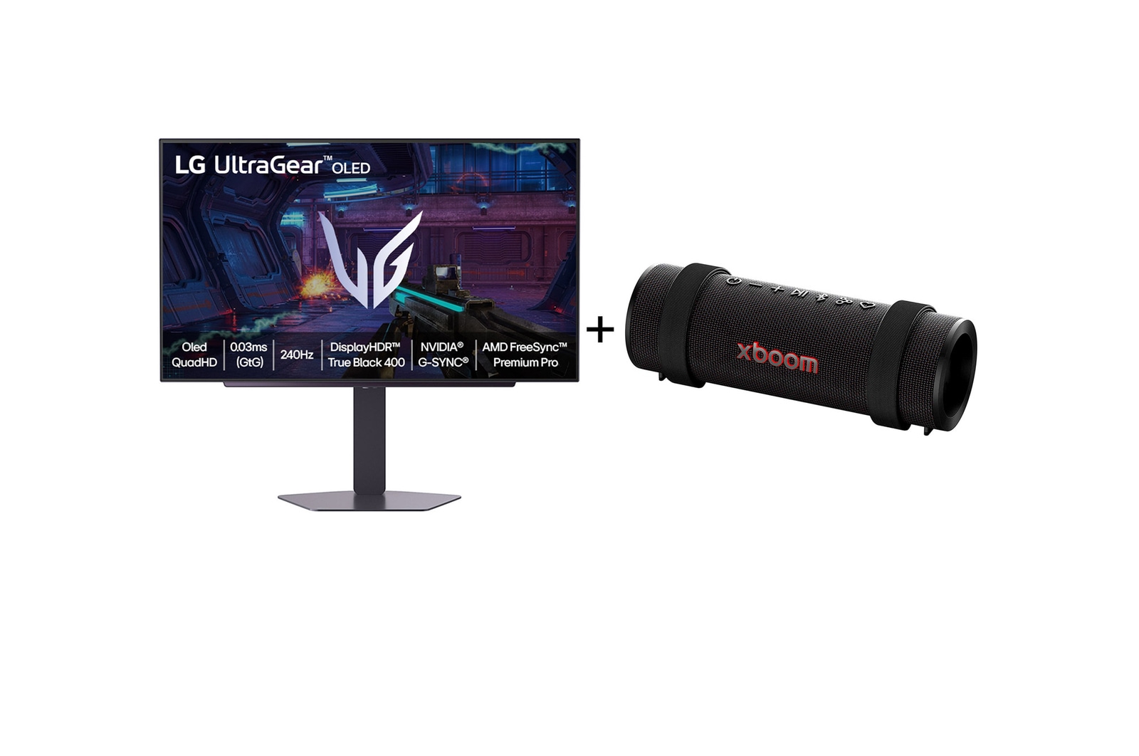 Vista frontal de Combo Monitor LG OLED UltraGear™ 27GX704A-B 27" + Caixa de Som Bluetooth LG xboom Grab by will.i.am - East LA 27GX704.GRAB