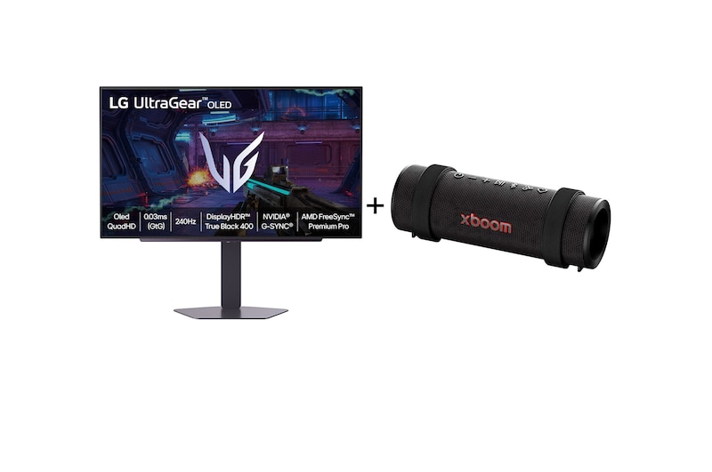 Vista frontal de Combo Monitor LG OLED UltraGear™ 27GX704A-B 27" + Caixa de Som Bluetooth LG xboom Grab by will.i.am - East LA 27GX704.GRAB