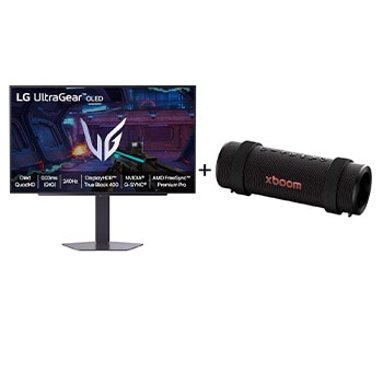 Vista frontal de Combo Monitor LG OLED UltraGear™ 27GX704A-B 27" + Caixa de Som Bluetooth LG xboom Grab by will.i.am - East LA 27GX704.GRAB
