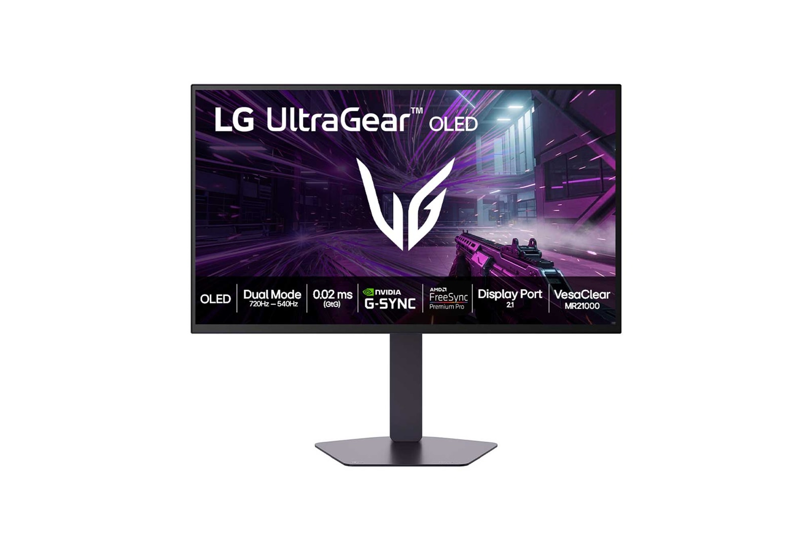 Vista frontal de Monitor LG OLED 4th gen UltraGearTM Dual Mode 27GX790B-B 27", 720Hz HD, 540Hz QHD 2K, 0.02ms (GtG), NVIDIA G-SYNC, AMD FreeSync Premium Pro, Vesa ClearMR21000, Tandem Technology, DCI-P3 99.5%, HDR True Black500 27GX790B-B
