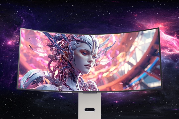 Um vídeo animado fazendo a transição de uma vista frontal para uma vista superior de um monitor curvo.