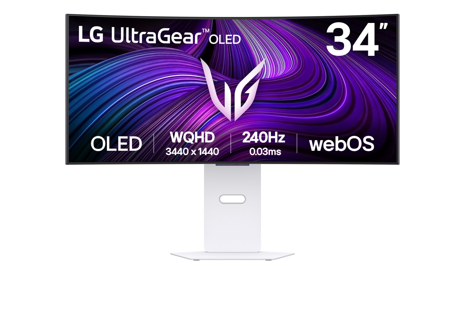 Vista frontal de Monitor LG OLED UltraGear™ 34GX90SA-W 34" Curvo, 0,03ms (GtG), 240Hz, DisplayHDR True Black 400, NVIDIA G-SYNC, AMD FreeSync Premium, WebOS 34GX90SA-W